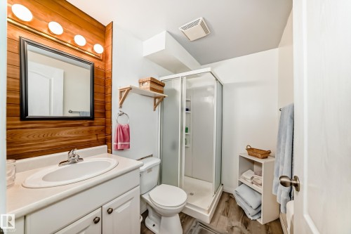 Bathroom featuring a wood-panel accent wall, white vanity with integrated sink, chrome faucet, wall-mounted mirror, and a corner shower enclosure - 17 Springfield Crescent, St. Albert, AB - Indoor Photo Showing Bathroom