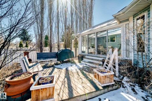 Expansive rear deck featuring a sunroom addition, multi-level wooden decking, and mature trees providing natural screening - 17 Springfield Crescent, St. Albert, AB - Outdoor With Deck Patio Veranda