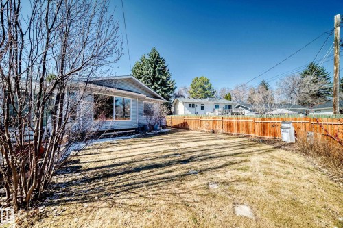 Expansive backyard featuring a new wood privacy fence, mature evergreen trees, and a light-colored siding exterior - 17 Springfield Crescent, St. Albert, AB - Outdoor