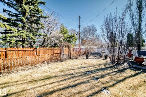 Expansive exterior with a wood privacy fence and mature evergreen trees - 17 Springfield Crescent, St. Albert, AB - Outdoor