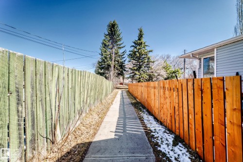 Concrete pathway flanked by a weathered green wood fence and a new wood fence - 17 Springfield Crescent, St. Albert, AB - Outdoor