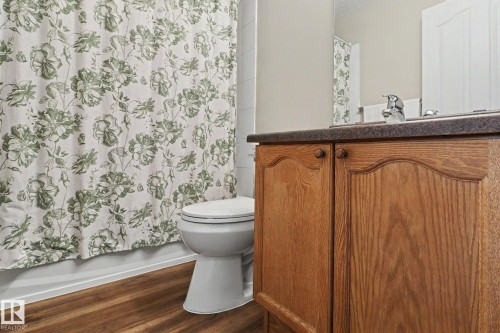 Bathroom featuring wood-finish flooring, a toilet, a vanity with wood cabinetry, and a dark countertop - 11633 167B Avenue, Edmonton, AB - Indoor Photo Showing Bathroom