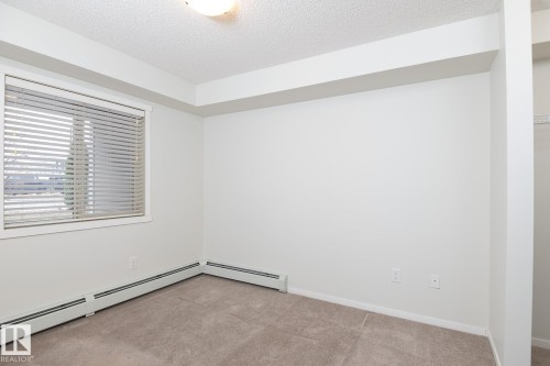 Carpeted room featuring a window with blinds, baseboard heating, a built-in closet with shelving, and overhead lighting - 111 25 Element Dr, St. Albert, AB - Indoor Photo Showing Other Room