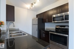 Kitchen featuring dark wood cabinetry, stainless steel appliances, a double basin sink with a brushed nickel faucet, black countertops, and track lighting - 