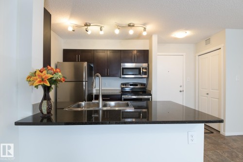 Kitchen featuring a large dark countertop, stainless steel appliances, dark wood-finish cabinetry, and a double basin sink with a chrome faucet - 111 25 Element Dr, St. Albert, AB - Indoor Photo Showing Kitchen With Stainless Steel Kitchen With Double Sink