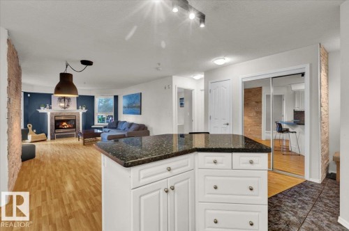 103 9008 99 Avenue, Edmonton, AB - Indoor Photo Showing Kitchen With Fireplace