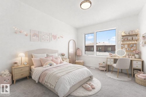 This bedroom features a light color palette with a ceiling light fixture, a large window, and light-colored carpeting - 94 Blackbird Bend, Fort Saskatchewan, AB - Indoor Photo Showing Bedroom