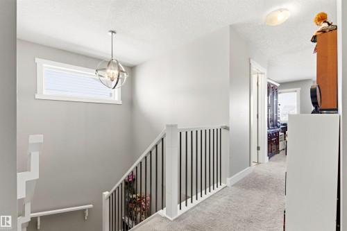 Upper-level hallway with carpet flooring and a contemporary spherical chandelier - 9812 224 Street, Edmonton, AB - Indoor Photo Showing Other Room