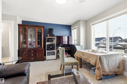 Bright interior space featuring large windows, light gray walls, a contrasting accent wall, ceiling lighting, and carpet flooring - 9812 224 Street, Edmonton, AB - Indoor