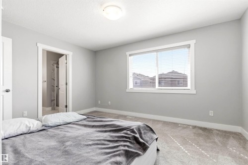 Light gray painted walls define this bedroom featuring carpet flooring, a window with horizontal blinds, and a flush mount ceiling light - 9812 224 Street, Edmonton, AB - Indoor Photo Showing Bedroom