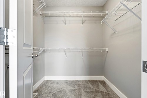 Spacious closet featuring two tiers of wire shelving, light gray wall paint, white baseboards, and patterned carpet flooring - 9812 224 Street, Edmonton, AB - Indoor With Storage