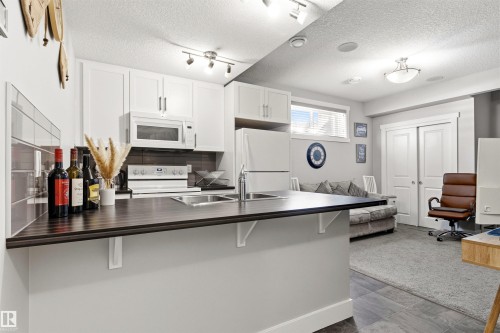 Kitchenette featuring dark wood-finish countertops, white cabinetry, and an integrated stainless steel sink - 9812 224 Street, Edmonton, AB - Indoor Photo Showing Kitchen With Double Sink