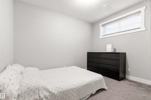 Light gray painted walls with white trim, gray carpet, and a white-framed window featuring blinds - 9812 224 Street, Edmonton, AB - Indoor Photo Showing Bedroom
