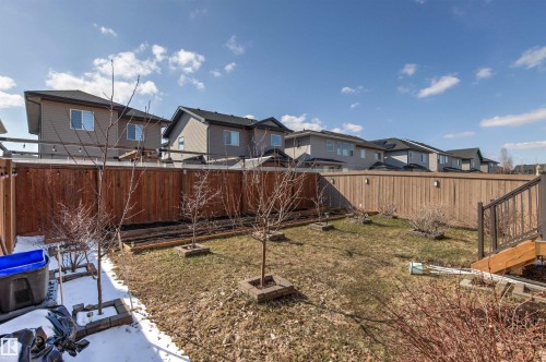Expansive backyard featuring a wood privacy fence, integrated fence lighting, and multiple garden beds - 9812 224 Street, Edmonton, AB - Outdoor
