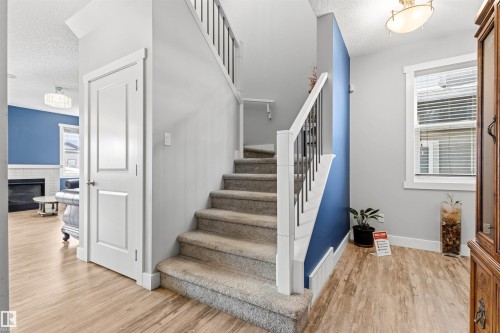 Carpeted staircase with white risers and dark metal balusters - 9812 224 Street, Edmonton, AB - Indoor Photo Showing Other Room