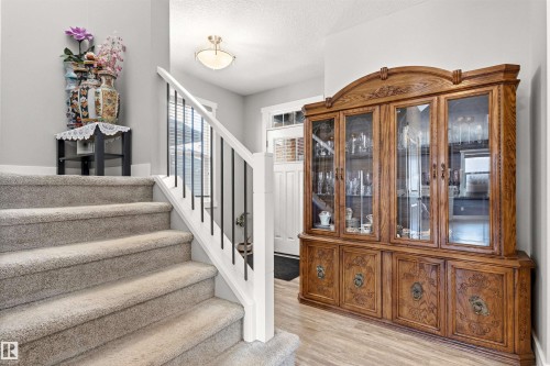 Carpeted staircase with white railings and black balusters - 9812 224 Street, Edmonton, AB - Indoor Photo Showing Other Room