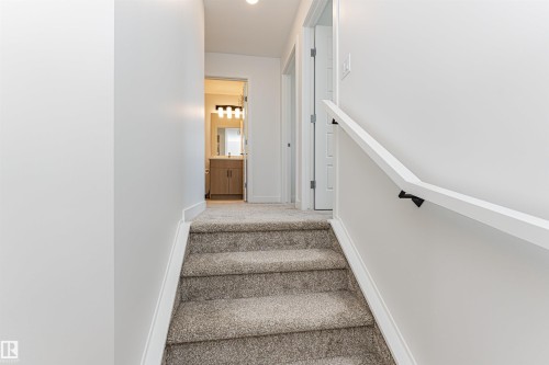 Carpeted staircase with a modern white handrail featuring black accents - 3367 Erlanger Bend, Edmonton, AB - Indoor Photo Showing Other Room