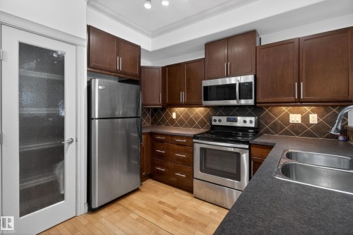 105 10121 80 Avenue, Edmonton, AB - Indoor Photo Showing Kitchen With Stainless Steel Kitchen With Double Sink