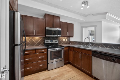 105 10121 80 Avenue, Edmonton, AB - Indoor Photo Showing Kitchen With Stainless Steel Kitchen With Double Sink
