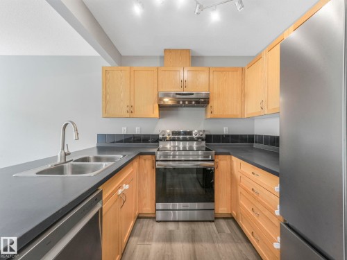 The kitchen features wood cabinetry, dark countertops, a double basin sink, and stainless steel appliances including a refrigerator, oven, and dishwasher - 175 150 Edwards Drive, Edmonton, AB - Indoor Photo Showing Kitchen With Stainless Steel Kitchen With Double Sink