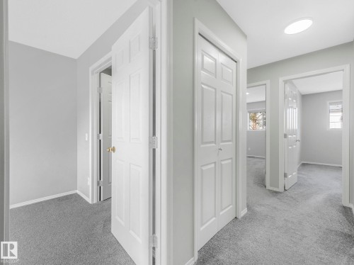 The hallway features light gray walls and gray carpeting, with white doors and trim - 175 150 Edwards Drive, Edmonton, AB - Indoor Photo Showing Other Room