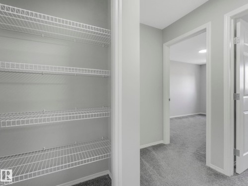 This area features white wire shelving, light grey walls, and grey carpeting - 175 150 Edwards Drive, Edmonton, AB - Indoor With Storage