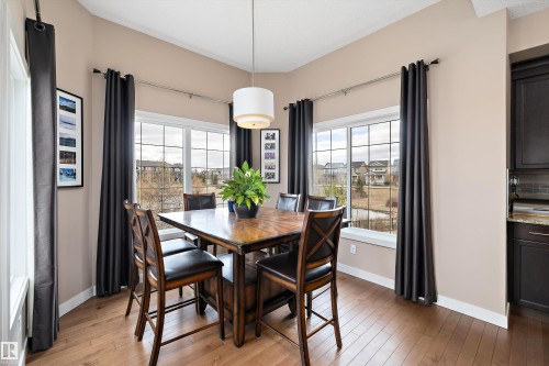 Dining area featuring expansive grid-pattern windows, a contemporary drum pendant light fixture, and wood-finish flooring - 1586 Chapman Way, Edmonton, AB - Indoor Photo Showing Dining Room