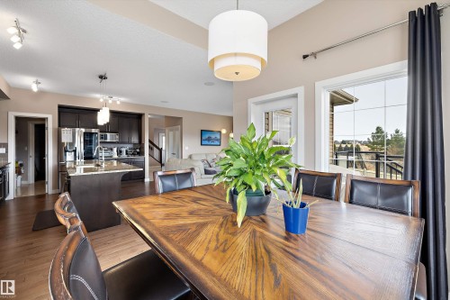 Dining area featuring a wood-finish table, a contemporary drum pendant light, and large windows with exterior access - 1586 Chapman Way, Edmonton, AB - Indoor