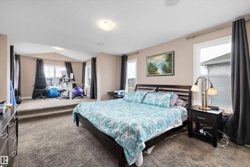 Carpeted bedroom with a multi-level design featuring a raised area - 1586 Chapman Way, Edmonton, AB - Indoor Photo Showing Bedroom