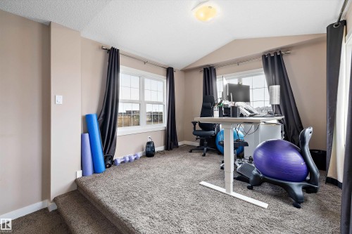 Carpeted room featuring multiple windows with grid detailing, beige wall paint, white baseboards, and a vaulted ceiling - 1586 Chapman Way, Edmonton, AB - Indoor