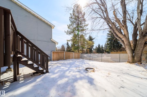 Expansive backyard featuring a wood deck with stairs, a combination of wood and chain-link fencing, and mature trees - 5303 21 Avenue, Edmonton, AB - Outdoor