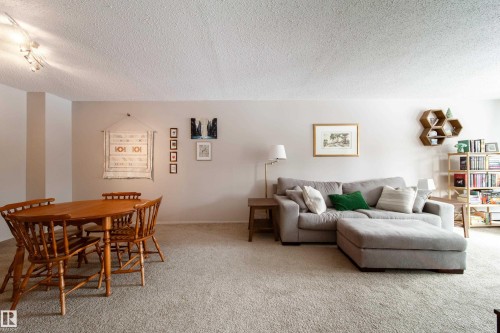 Open-concept living area featuring light neutral wall paint and textured carpeting - 220 14819 51 Avenue, Edmonton, AB - Indoor Photo Showing Living Room