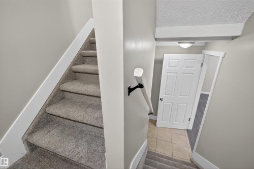 Carpeted staircase with white trim, featuring a white paneled door with black hardware, and an overhead light fixture - 11 Greenfield Estates, St. Albert, AB - Indoor Photo Showing Other Room