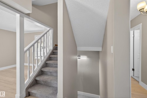 Carpeted staircase with white balusters, light wood-finish flooring, neutral wall paint, and a wall-mounted light fixture - 11 Greenfield Estates, St. Albert, AB - Indoor Photo Showing Other Room