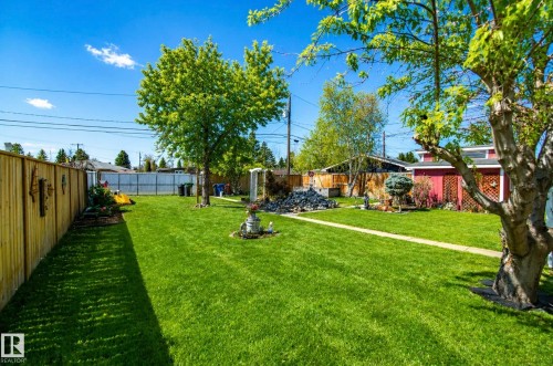 Spacious backyard featuring a large manicured lawn, a detached red outbuilding, and mature trees providing natural shade - 3920 35A Avenue, Red Deer, AB - Outdoor