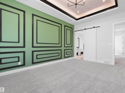 Accent wall featuring decorative black trim over a green finish - 6722 Crawford Way, Edmonton, AB - Indoor Photo Showing Other Room
