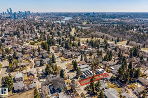 Aerial perspective showcasing a residential area with a prominent lot marked in red - 14013 101 Avenue, Edmonton, AB 