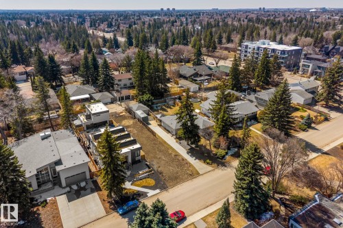 Aerial depiction of a residential street featuring mature evergreen trees and a mix of architectural styles - 14013 101 Avenue, Edmonton, AB 