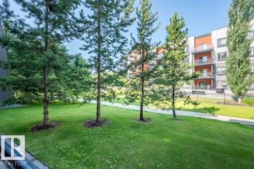 Green space featuring mature evergreen trees and a paved walkway - 140 308 Ambleside Link Link Sw, Edmonton, AB - Outdoor