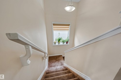 Carpeted staircase with white wall-mounted handrail, neutral wall tones, and overhead semi-flush mount lighting - 2314 22 Avenue, Edmonton, AB - Indoor Photo Showing Other Room