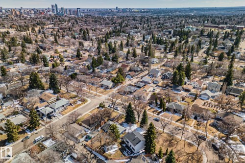 Aerial perspective showcasing a residential neighborhood with a mix of architectural styles - 13635 108 Avenue, Edmonton, AB - Outdoor With View