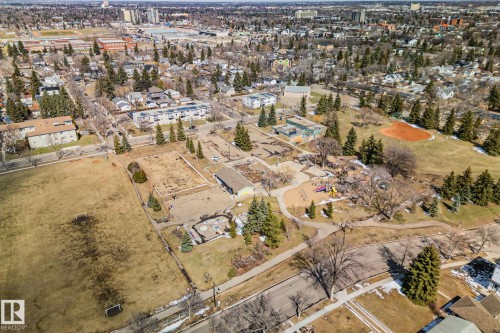 Aerial perspective showcasing a community setting with diverse green spaces - 13635 108 Avenue, Edmonton, AB - Outdoor With View