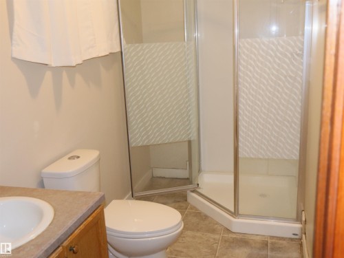 Bathroom featuring a corner shower with frosted glass panels and a white base - 4934 49 Avenue, Barrhead, AB - Indoor Photo Showing Bathroom