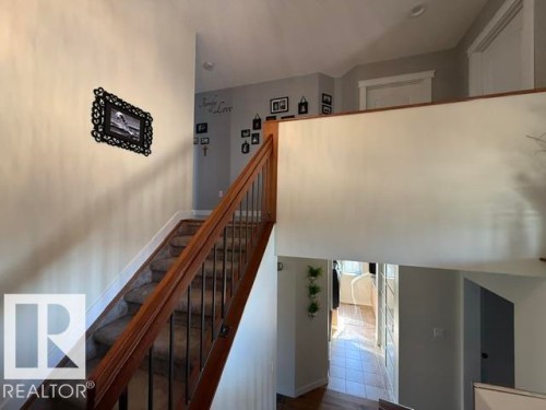 Staircase featuring wood handrails, black metal balusters, and carpeted treads - 356 Weber Way, Edmonton, AB - Indoor Photo Showing Other Room