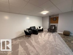 Spacious recreation area featuring light grey wall color, a drop ceiling, plush patterned carpeting, and an accent wall with a dartboard - 