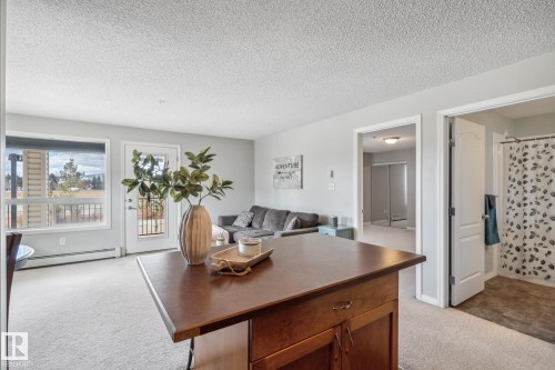 Open-concept living space featuring light gray walls, light-colored carpeting, a white exterior door with glass insert, and a large window with white trim - 1306 330 Clareview Station Drive, Edmonton, AB - Indoor Photo Showing Other Room