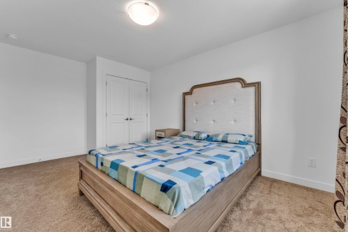 Carpeted bedroom featuring white walls, a built-in closet with double doors, and a ceiling-mounted light fixture - 41 603 Orchards Boulevard, Edmonton, AB - Indoor Photo Showing Bedroom