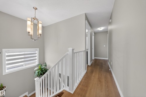 Hallway with wood-finish flooring and light gray walls - 3639 15A Street, Edmonton, AB - Indoor Photo Showing Other Room