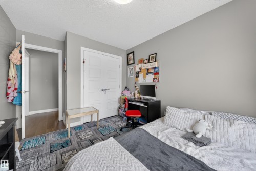 Neutral gray wall paint with white trim, wood-finish flooring, a contemporary overhead light fixture, and a white bi-fold closet door - 3639 15A Street, Edmonton, AB - Indoor Photo Showing Bedroom