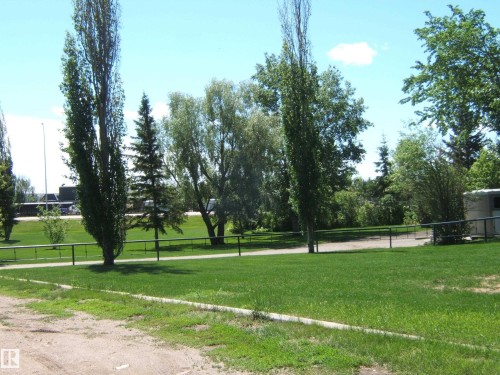 Expansive green space featuring a manicured lawn, established trees, and a black metal fence - 123064 Hwy 45, Rural Two Hills County, AB 